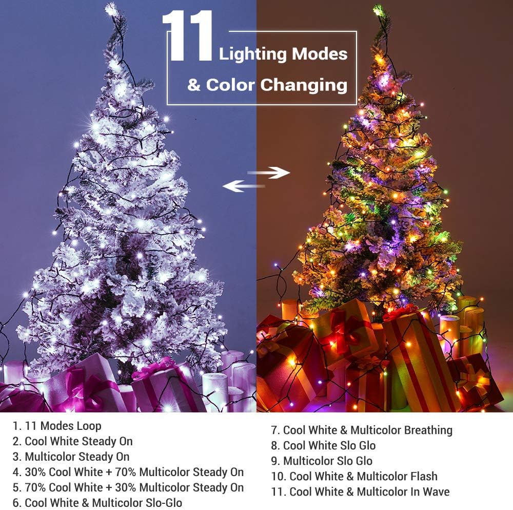 BrizLabs Color Changing Christmas Lights, 180ft 500 LED with Remote, 11 Modes Cool White & Colored Outdoor/Indoor Xmas Tree Lights