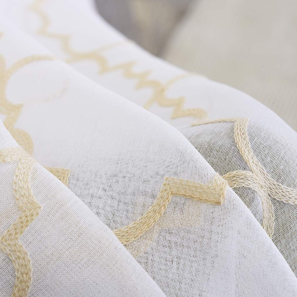 Sheer Curtains Gold 95 Inches Long, Rod Pocket Drapes for Living room, Bedroom, Embroidered Moroccan Tile Lattice Design Semi Crinkle Voile Curtain Panels for Patio, Villa, Parlor, Set of 2, 52"x95".