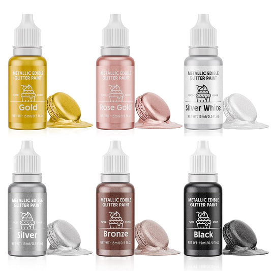 Edible Glitter Paint Set- 6 Color Food Coloring Metallic Glitter Paint for Baking, Cake Decorating - Food Grade Art Decorative Cake Paint for Cupcakes, Cookies, Fondant, Donuts, Macaron, Candy (metal, 6 color)