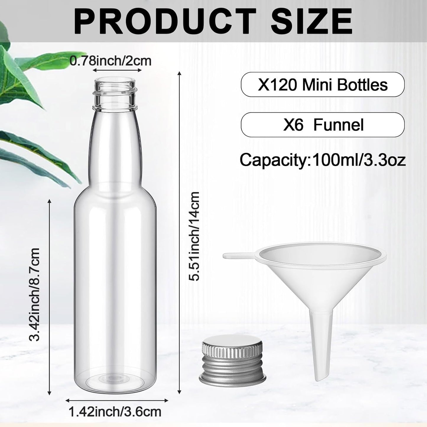 120 Pcs Mini Liquor Bottles Airtight Shot Miniature Empty Plastic Alcohol Spirit Shot Bottles with Funnels for Party Favors, Weddings(3.3 oz,Silver)