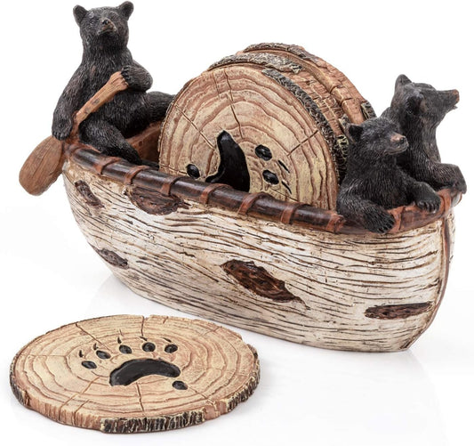 Bear Coasters Set of 6 Full Size Rustic Coasters in Handmade Canoe with Adorable Black Bear Figurines | Black Bear Log Cabin Decorations, Rustic Lodge Decor for The Home