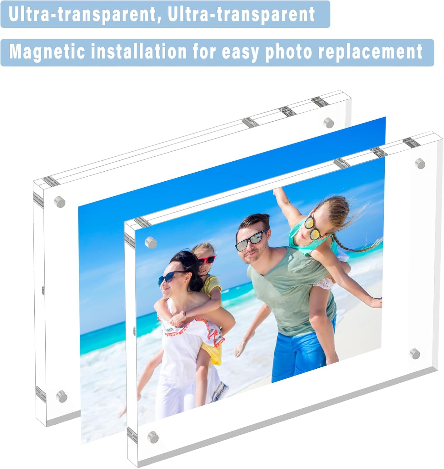 HELPLEX 5 Pack 6x8 Acrylic Picture Frames, 20mm Thicker Frameless Clear Double Sided Magnetic Frame, Free Standing Desktop Display Stand