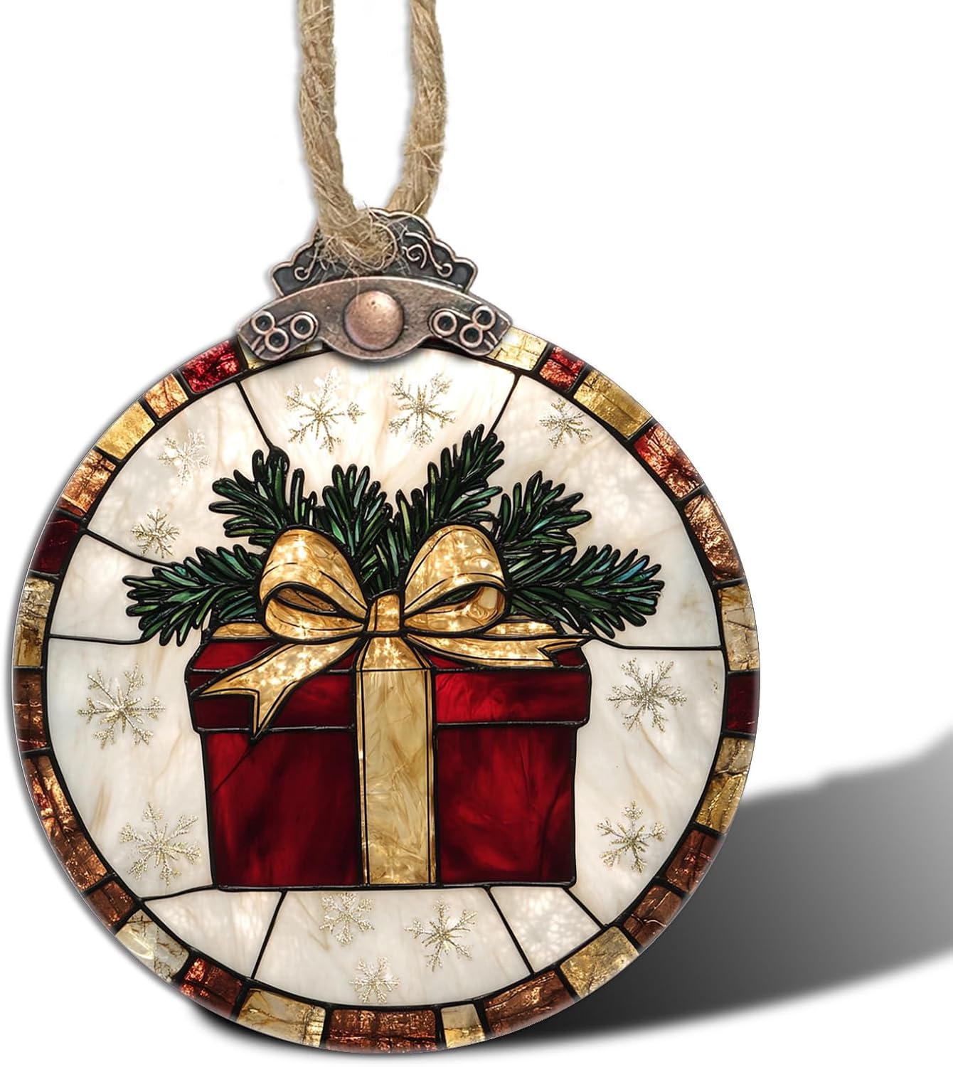 Stained Glass Christmas Decorations, Red Gift with Gold Ribbon Suncatcher for Window Christmas Tree Hanging Ornaments Retro White Sun Catcher Xmas Decor Gifts for Women Men Mom Nana Friend