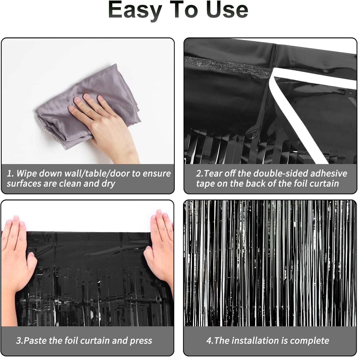 RUBFAC 2 Pack Black Backdrop Party Decorations Tinsel Foil Fringe Curtains Photo Booth Streamer for Halloween Party Decorations New Year Bachelorette Wedding Engagement Birthday Holiday Party Supplies