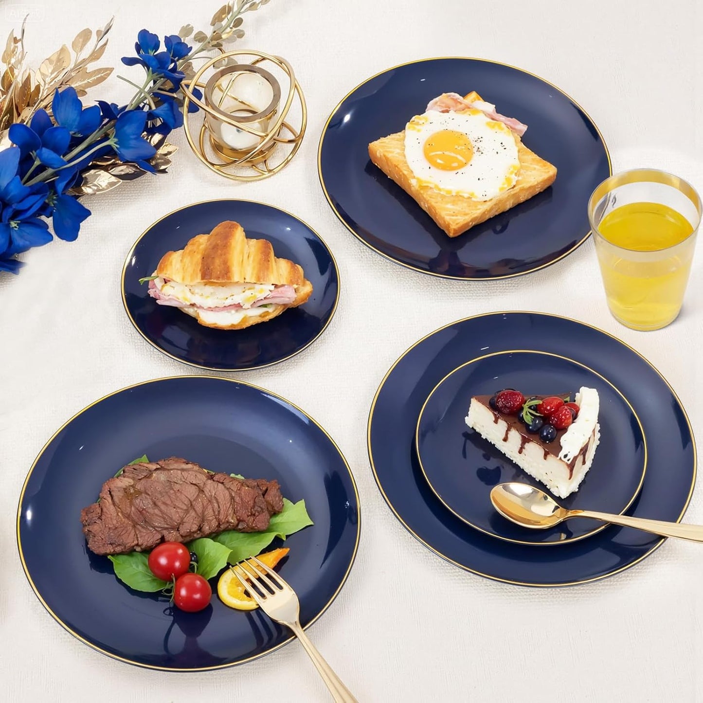 KIRE 350Pcs Blue and Gold Plates -Heavy Duty Navy Blue Dinnerware Set - 100 Plastic Plates 50 Pre Rolled Napkins with Gold Plastic Silverware 50 Cups for Upscale Birthday/Wedding/Parties