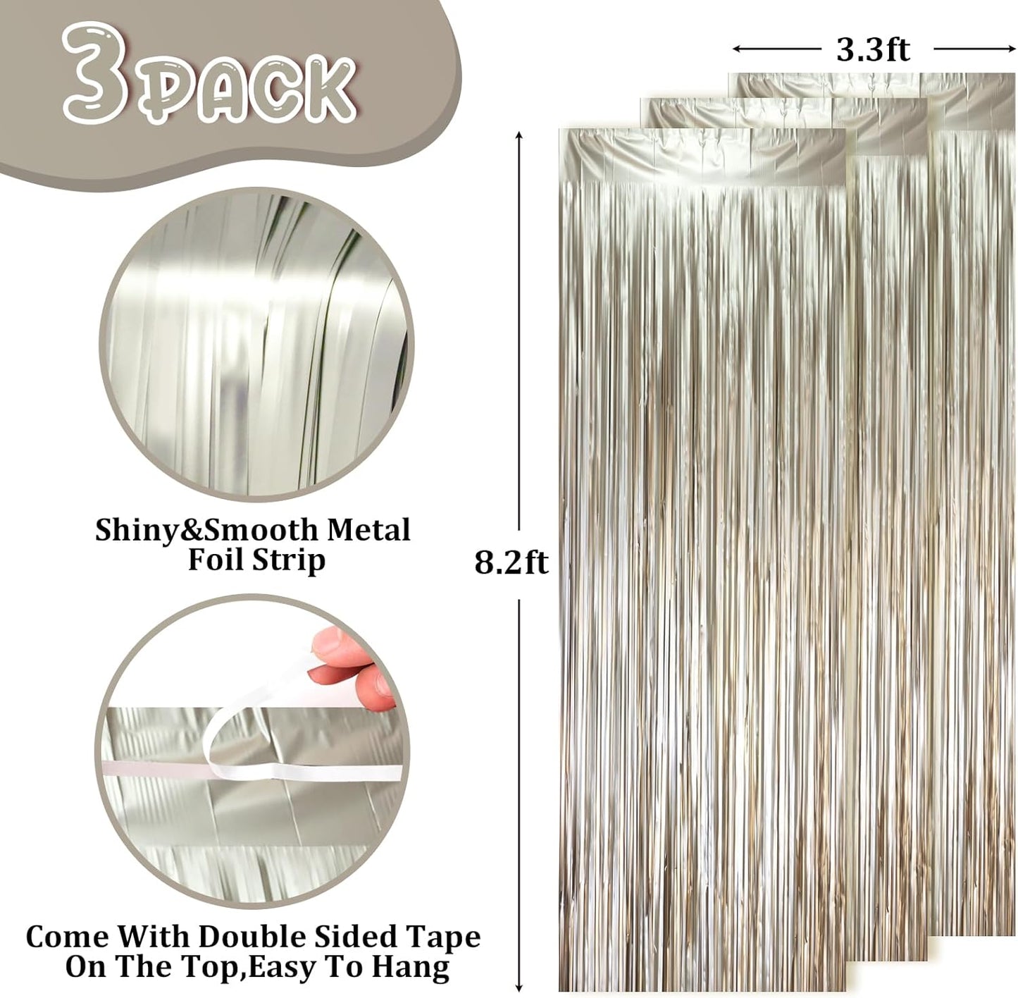3 Pack 3.3 x 8.2 ft Matte Champagne Foil Fringe Backdrop Curtains, Gold Tinsel Streamers Party Decorations, Fringe Backdrop, Door Shimmer for Graduation, New Years Eve, Birthday Party