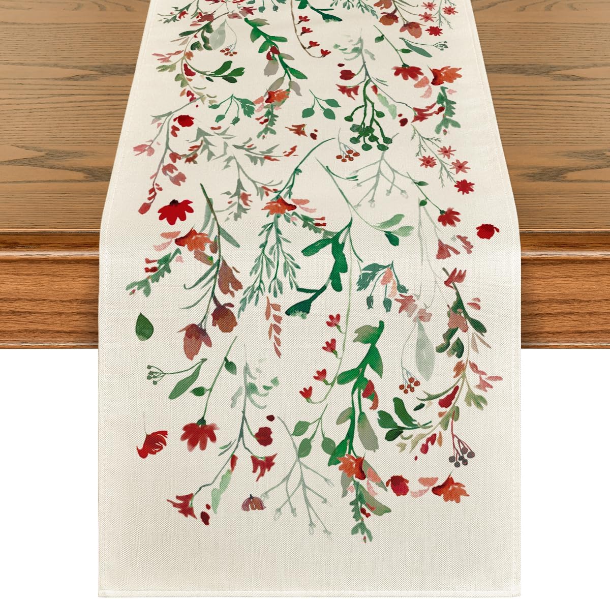 Artoid Mode Floral Leaves Christmas Table Runner, Wild Flowers and Grasses Winter Kitchen Dining Table Decoration for Home Party Decor 13x90 Inch