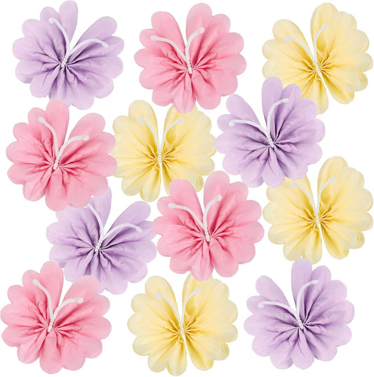 12PCS Butterfly Tissue Paper Pom Poms, 3D Butterfly Birthday Party Decorations, Khaki Pink Purple Butterfly Hanging Decorations for Girls Wedding Baby Shower Decor