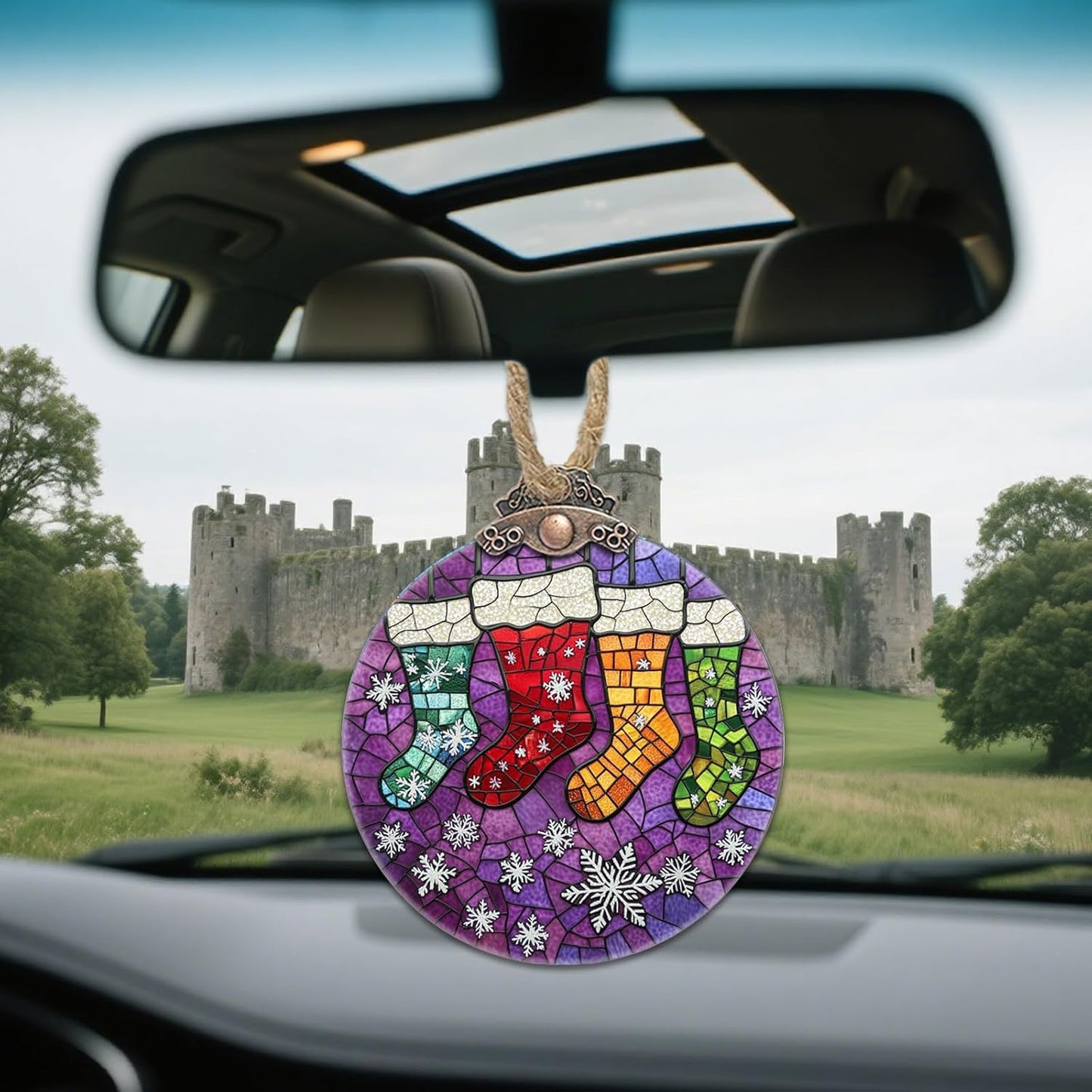 Stained Glass Christmas Decorations, Colorful Stockings Purple Suncatcher for Window Christmas Tree Hanging Ornaments Snowflake Sun Catcher Xmas Decor Gifts for Women Men Mom Nana Friend