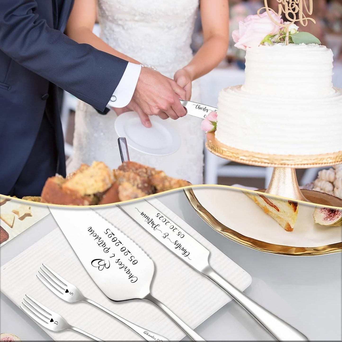 Custom Wedding Cake Knife and Server Set Personalized Cake Cutter with Engraved Text Bridal Cake Cutting Set with Gift Box for Weddings Anniversary Birthday (Silver - with fork)