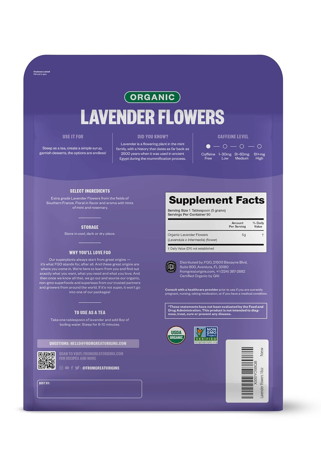 FGO Organic Dried Lavender Flowers, Extra Grade Dried Buds, Imported From France for Culinary or Sachet Bags, 16oz Bulk, Packaging May Vary (Pack of 1)