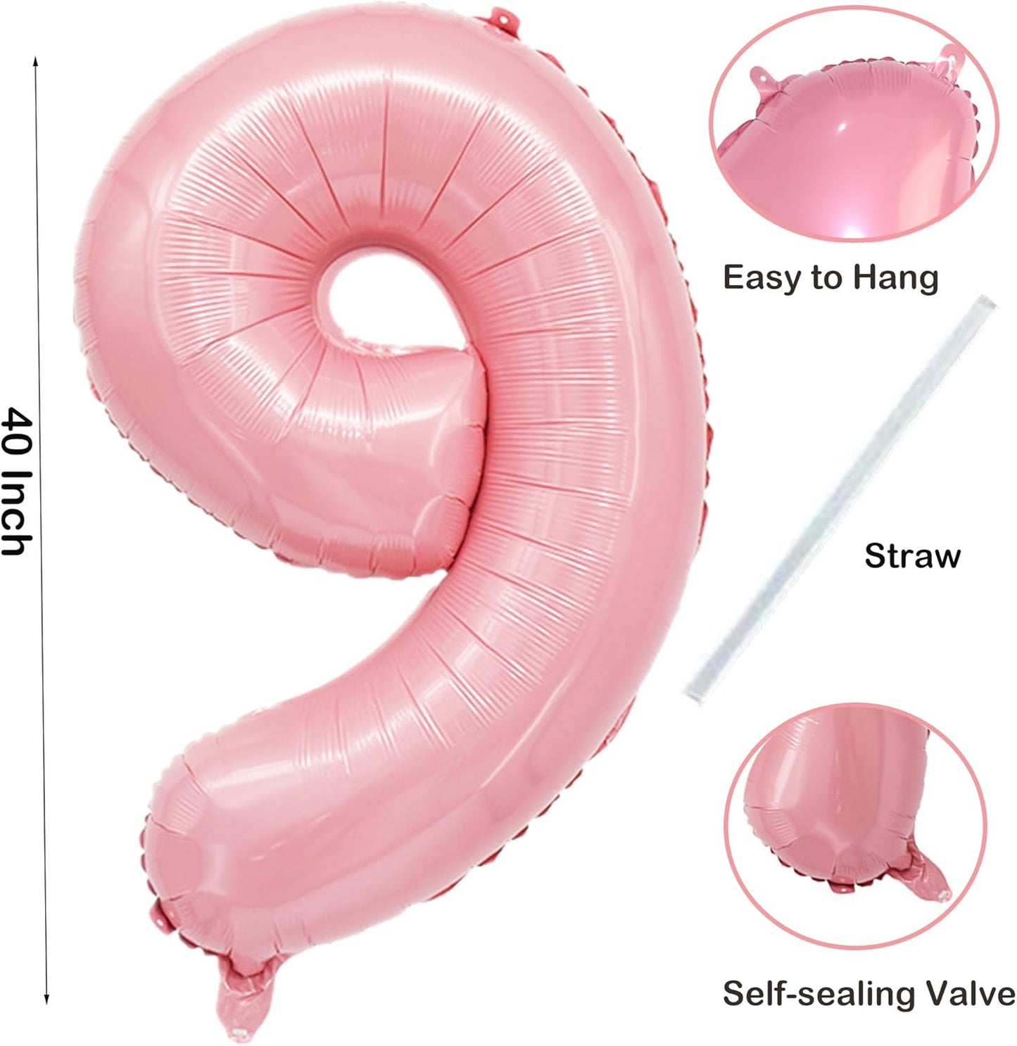 Light Pink Number 9 Balloon 40 Inch Big Self Inflating Foil Number Balloons 0-9 Pastel Pink Digital 9 Helium Balloon for 9th 19th Girls Birthday Party Graduation Anniversary Princess Party Decoration