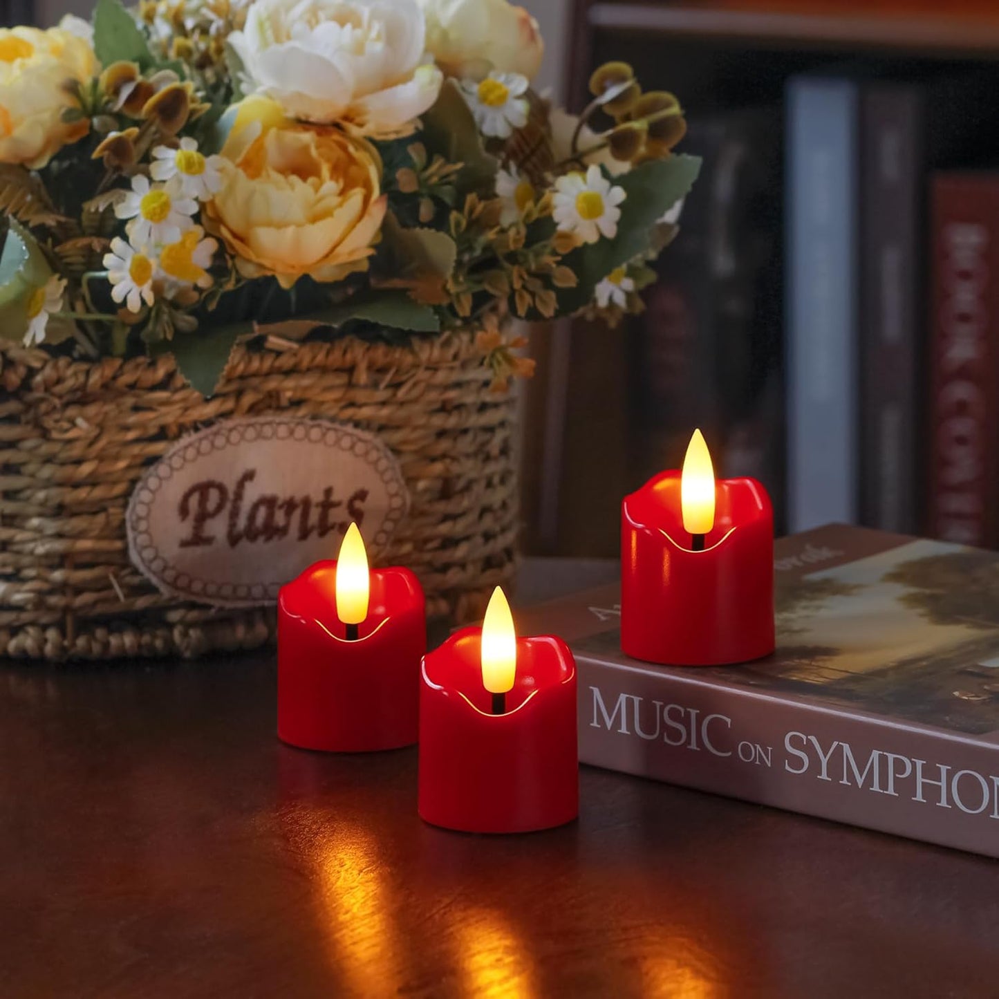 6 Pack Battery Operated Auto Daily Timer Burgundy Plastic LED Flameless Votive Candles, Long Runtime 1.6" x2.3" Flickering Tealight Candles with Remote Control