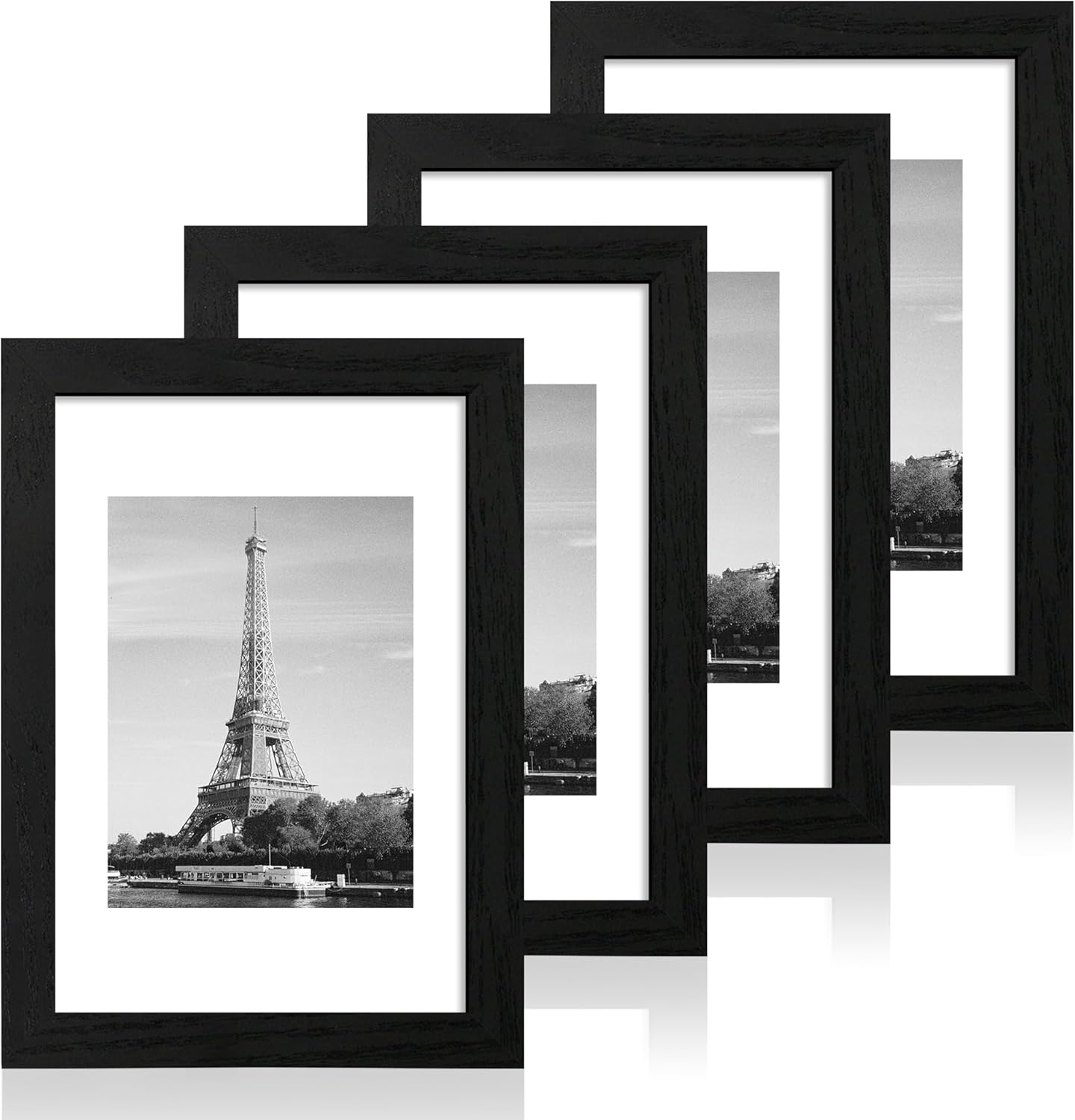 8x12 Picture Frame Set of 4 with HD Glass, Black Frame Display 6x8 Picture with Mat or 8 x 12 Without Mat, Wood Rustic Photo Frame for Tabletop and Wall Mounting