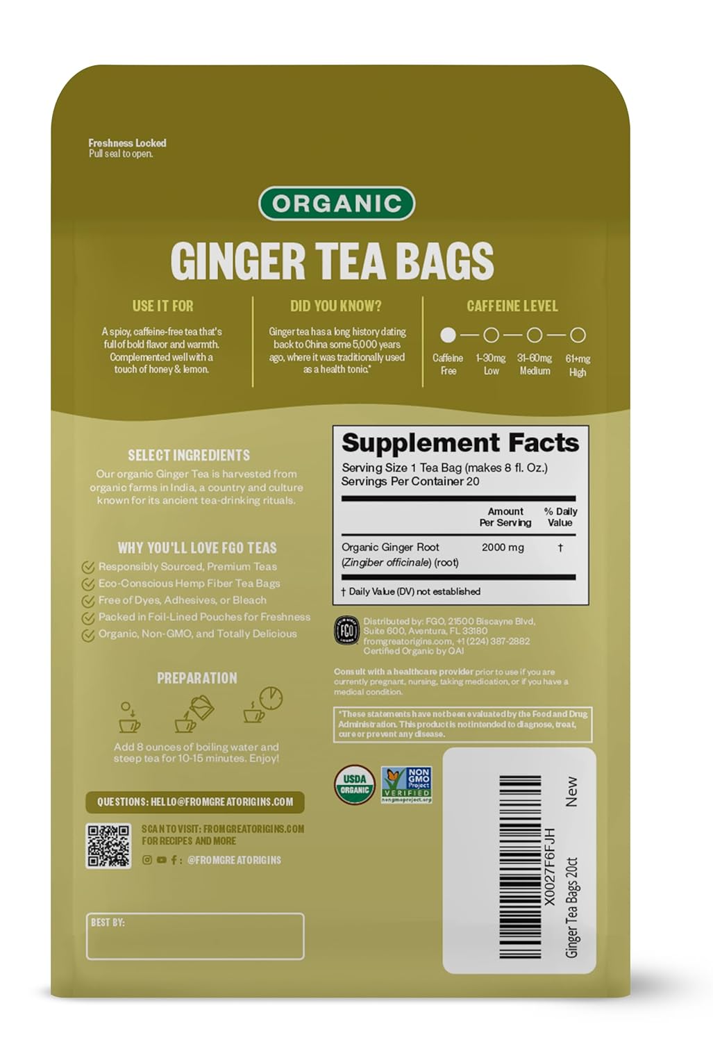 FGO Organic Ginger Tea, 20 Count, Eco-Conscious Tea Bags, Caffeine Free, Packaging May Vary (Pack of 1)