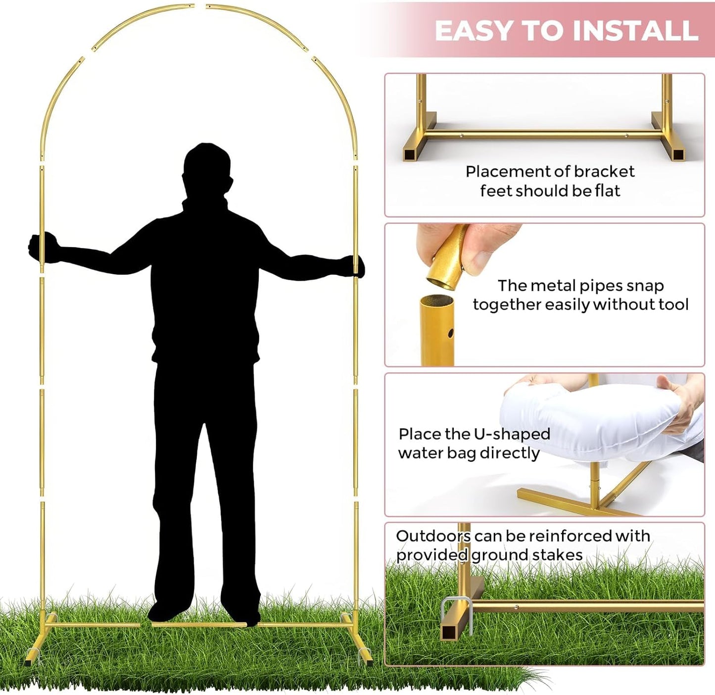 Gold Metal Arch Backdrop Stand Set of 2 with Balloons All Accessories Metal Arched Backdrop Frame for Chrismas Ceremony Parties Bithday Decoration (7.2FT, 6FT)