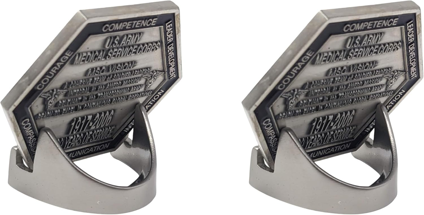 Military Challenge Coin Display Stand - Solid Metal with Anodized Finish - US Vet. Business (Satin Nickel Two-Pack)