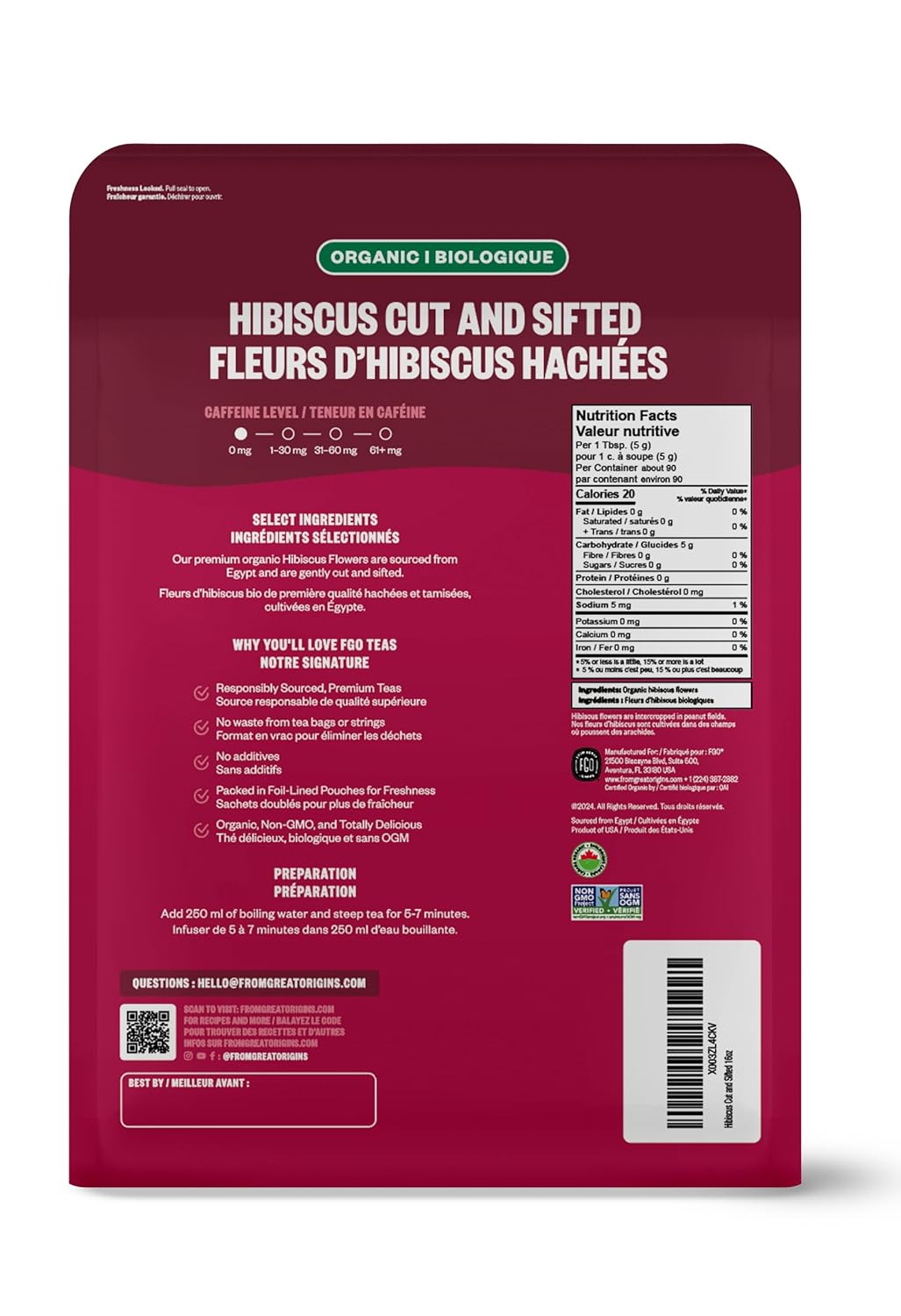 FGO Organic Hibiscus Flowers, Cut and Sifted, 16oz Bulk Resealable Bag, Packaging May Vary (Pack of 1)