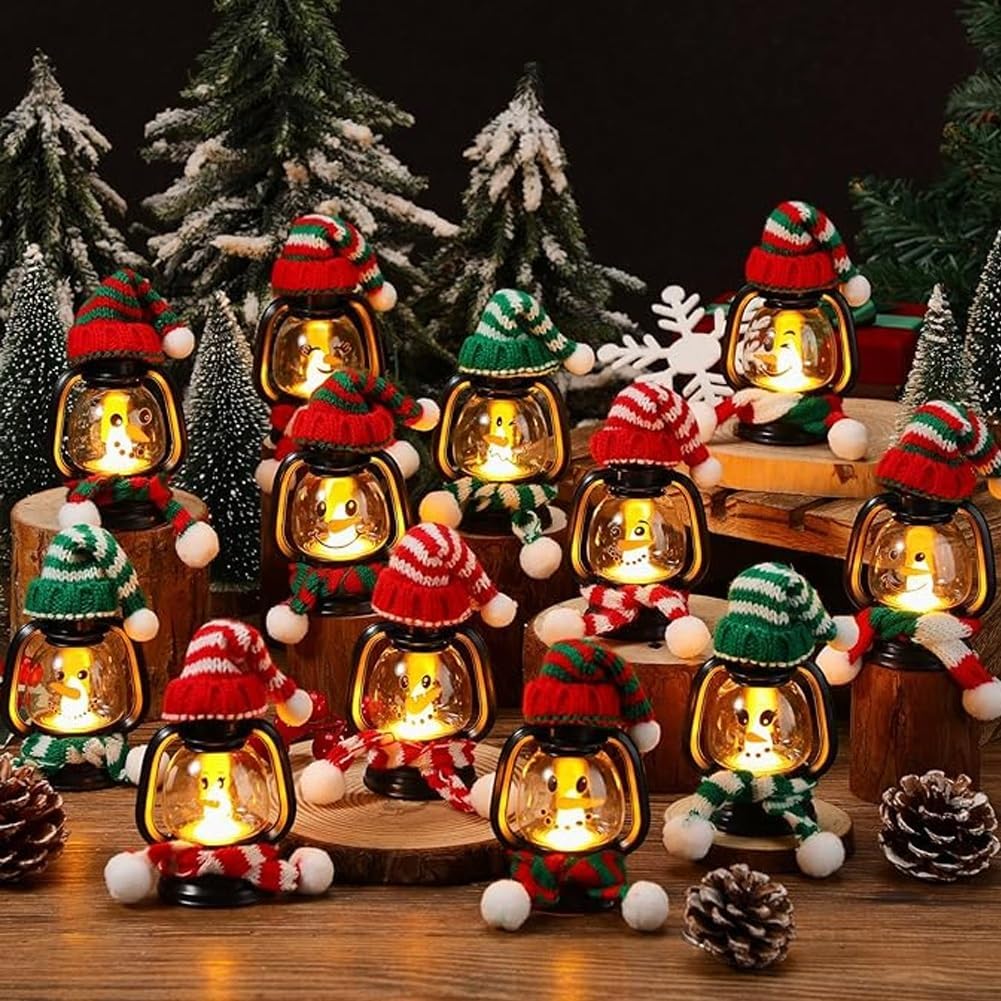 Mini Snowman Lantern with Hats and Scarves, Mini Candle Christmas Snowman Lanterns Decoration, Small Winter Portable Tabletop Centerpiece for Holiday Party Favor(12pcs)