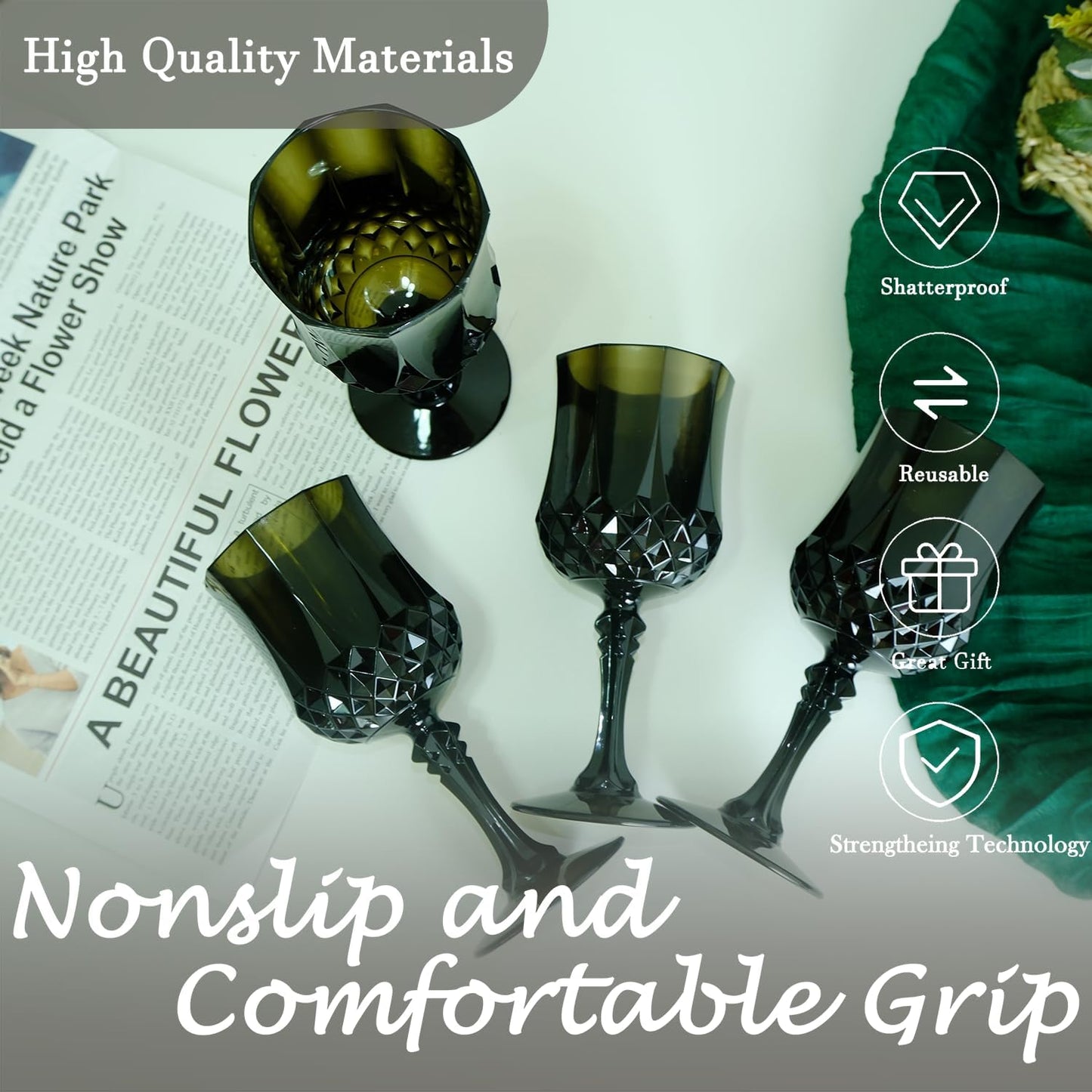 Plastic Wine Glasses，Plastic Goblets Vintage Style Cordial Drinking Glasses for Wedding Reception, Halloween Grand Event Party Supplies (24, Black)