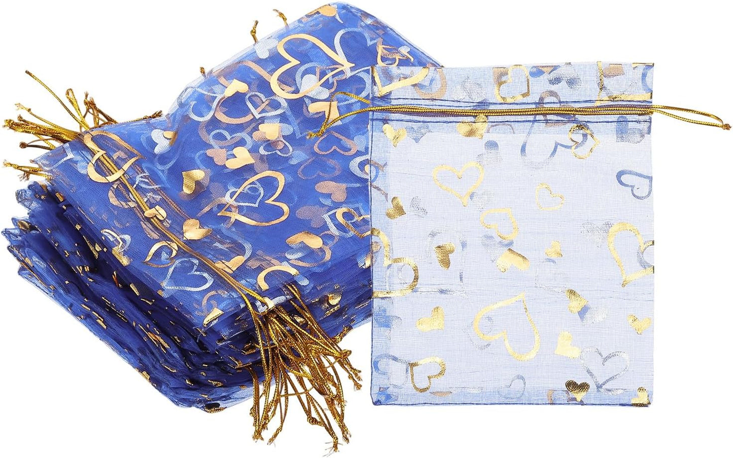 PATIKIL 100 Pcs 5x7 Inch Heart Printed Organza Bags, Navy Blue Sheer Heart Organza Bags with Drawstring for Christmas Candy Jewelry Party Wedding Favor Gift