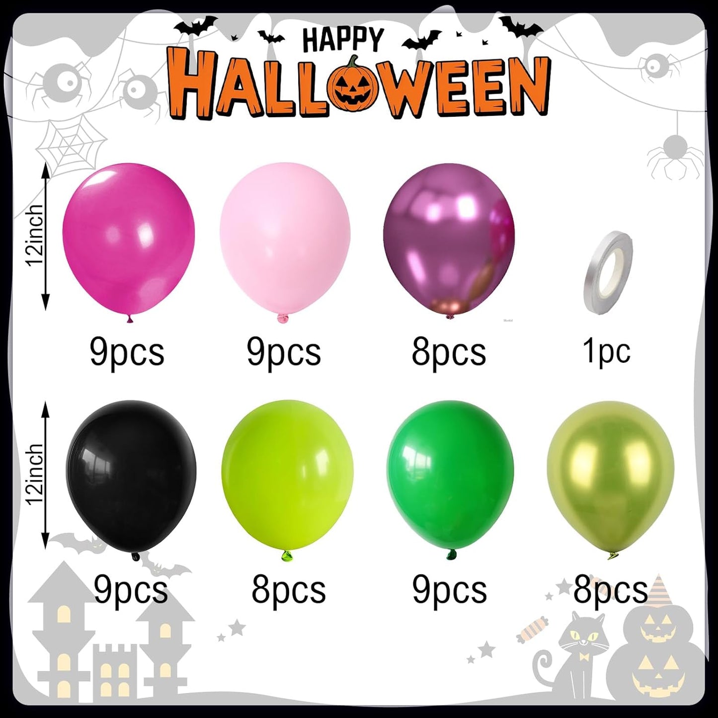 60PCS Black Pink Green Balloons, Hot Pink Dark Light Green Black Latex Balloon, Metallic Red Witch Theme Halloween Balloon for Kids Adults Birthday Witch Wedding Halloween Party Decorations