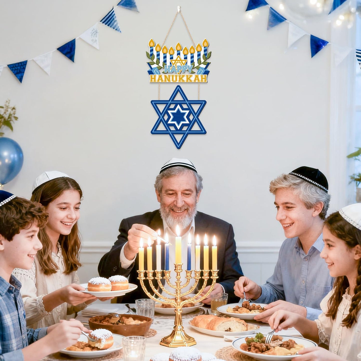 CHDITB Happy Hanukkah Shalom Front Door Sign(12"x20"), Wooden Jewish Festival of Light Blue Menorah Star of David Decoration Wall Hanging, Farmhouse Rustic Chanukah Judaism Christmas Winter Holiday Thanksgiving Gifts Decor for Home Party