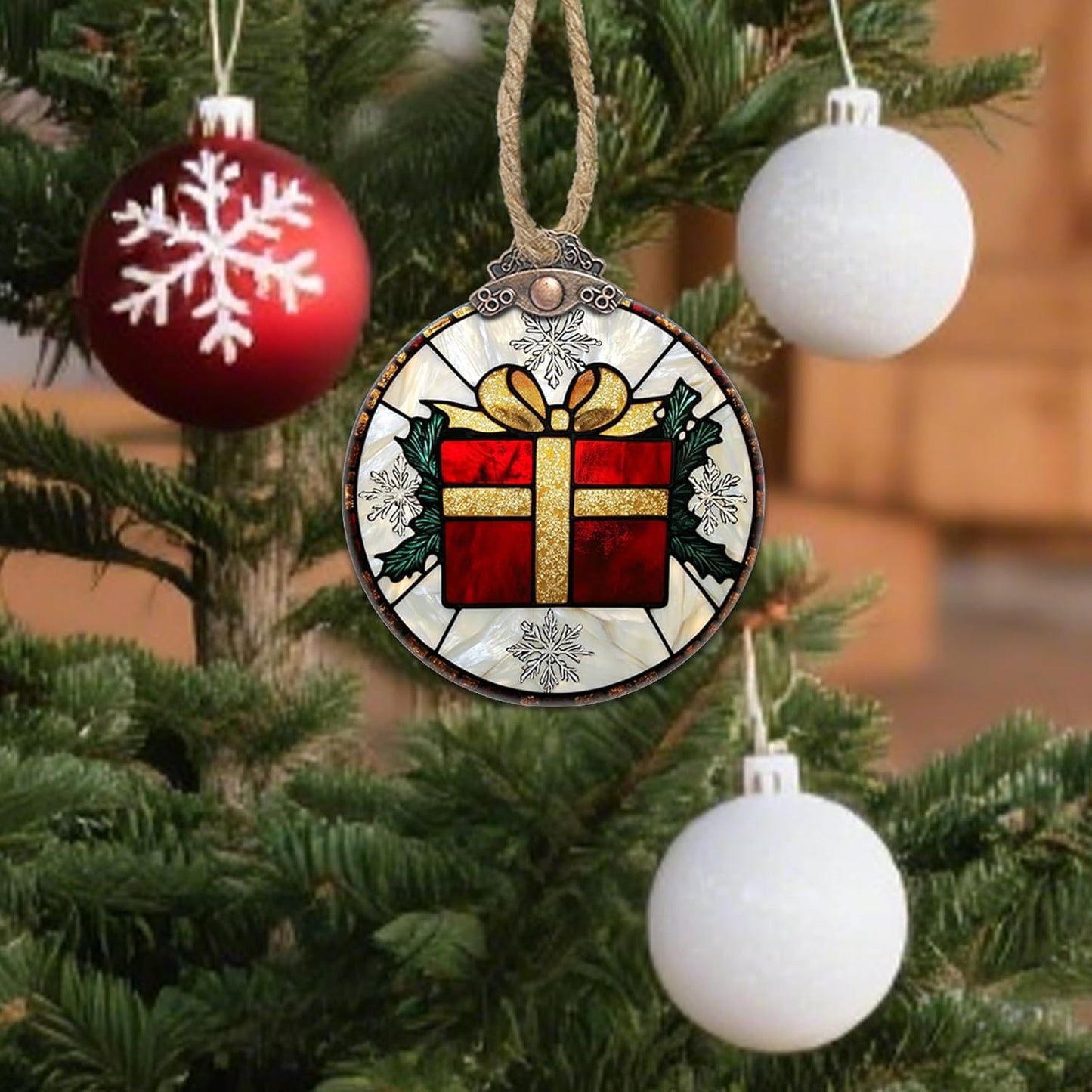 Stained Glass Christmas Decorations, Gold Ribbon Suncatcher for Window Christmas Tree Hanging Ornaments Retro White Snowflake Sun Catcher Xmas Decor Gifts for Women Men Mom Nana Friend