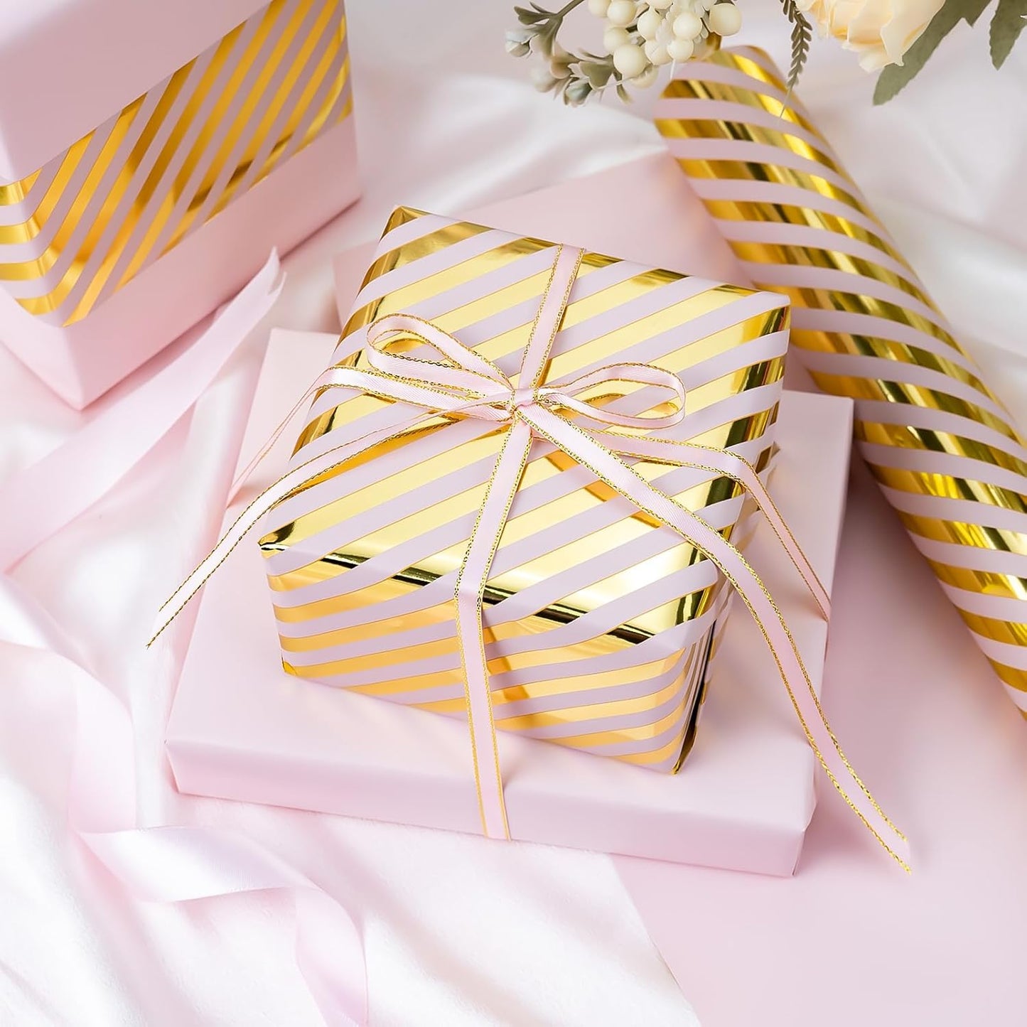 Burymento Pink and Gold Stripes Wrapping Paper, Reversible Pink Gift Wrap for Birthday, Valentines, Mothers day, Graduation, Wedding, Fathers day, Baby Shower, Christmas (17in x 32.8ft)