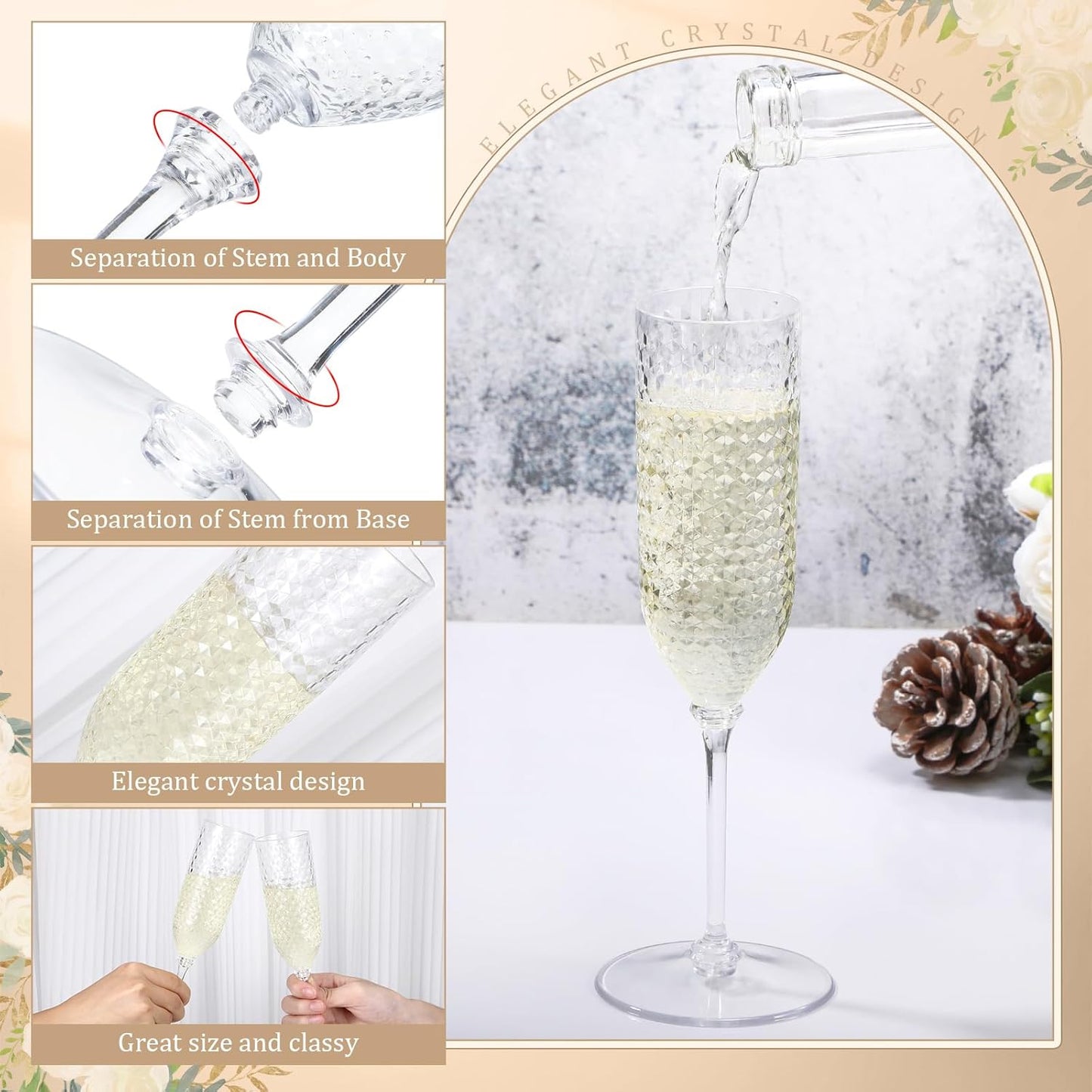 Remerry 24 Pack Detachable Plastic Champagne Flutes 5.5 oz Champagne Glasses Bulk Disposable Mimosa Glasses Reusable Wine Cups for Wedding Toasting Baby Shower Birthday Party New Years (Clear)