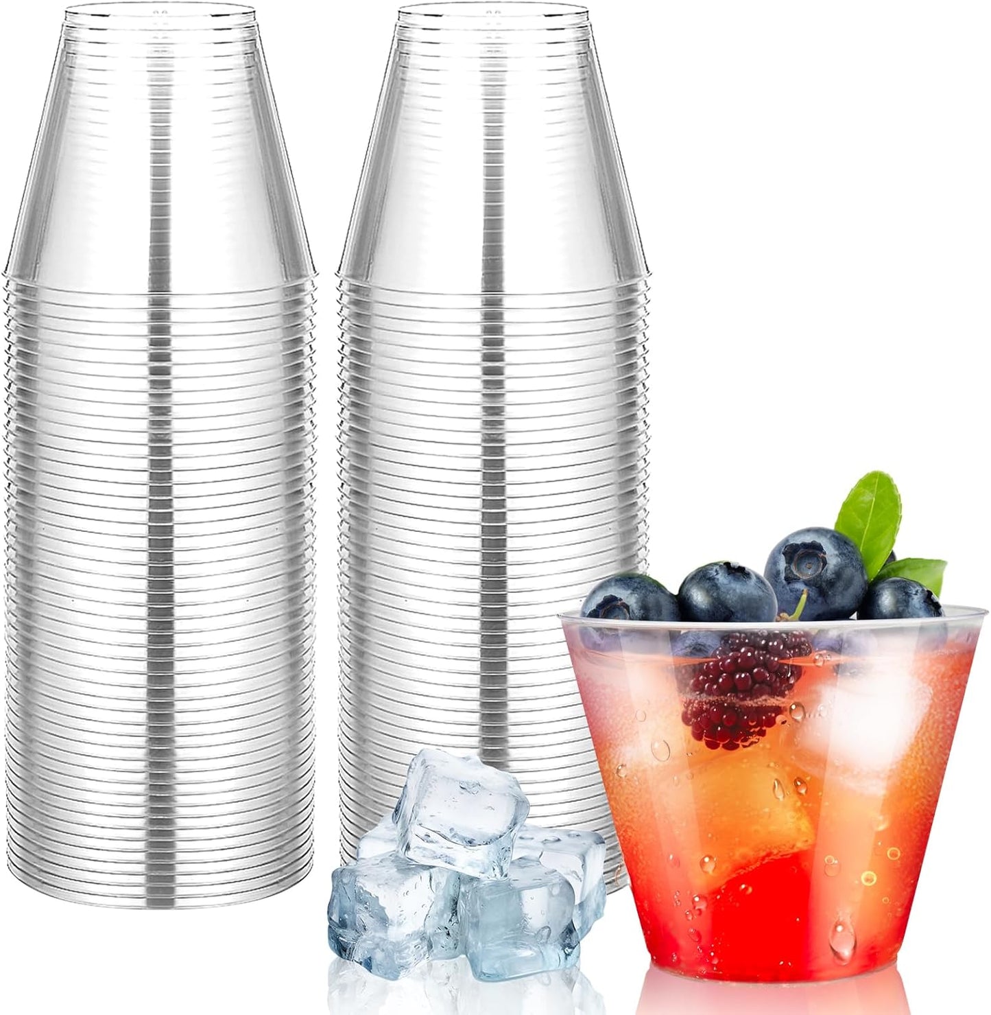 100Counts 9 OZ. Disposable Cups Old fashioned Party Tumblers, 9 Ounce Squat Cups Clear Hard Plastic Cups for Party Wedding