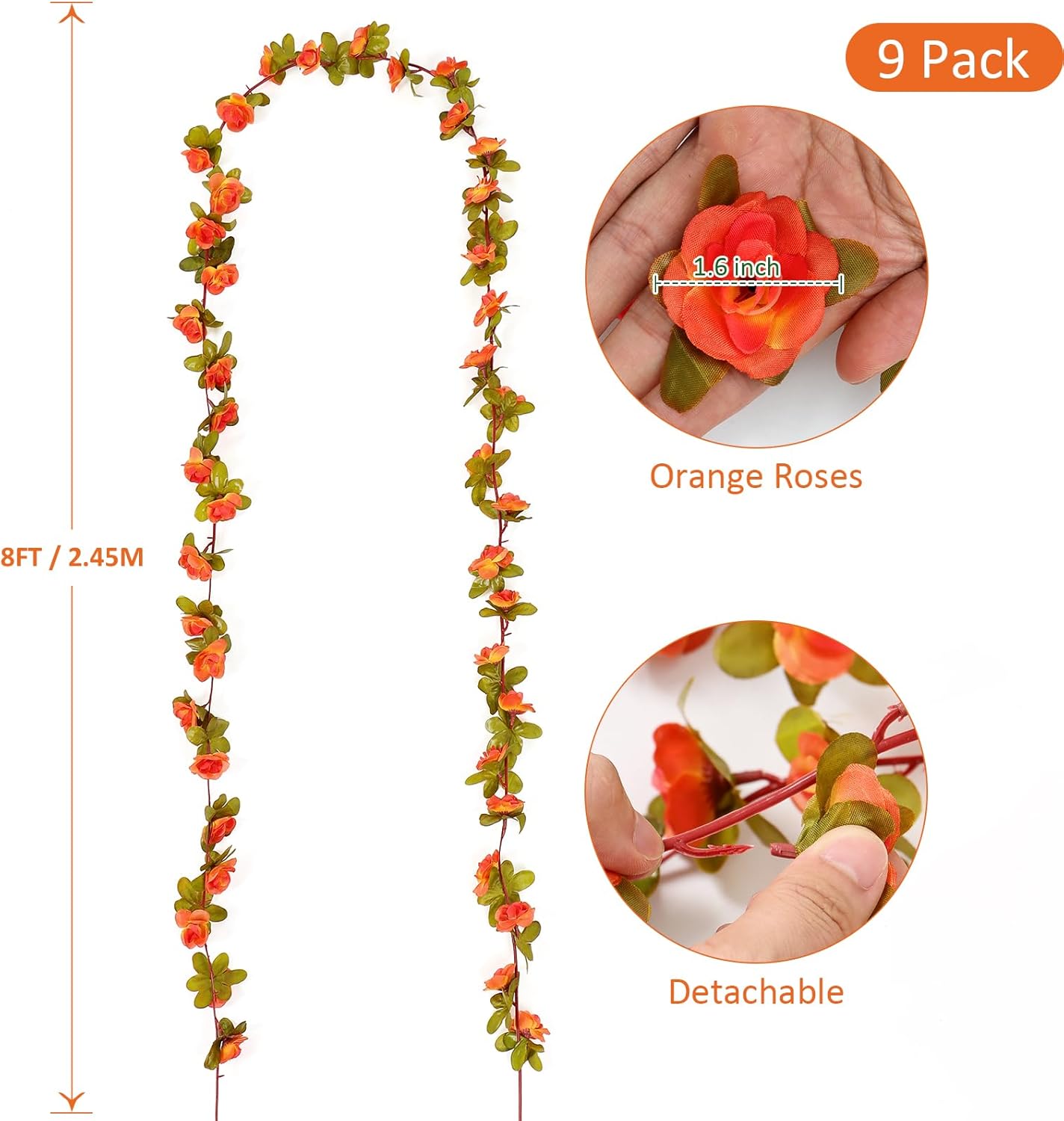 KHOYIME 9 Pack 72 FT Artificial Fall Flower Garland, Fake Orange Roses Vines Silk Flowers Faux Plastic Outdoor Hanging Floral Garland Autumn Decoration for Indoor Table Home Wall Backdrop Room Decor
