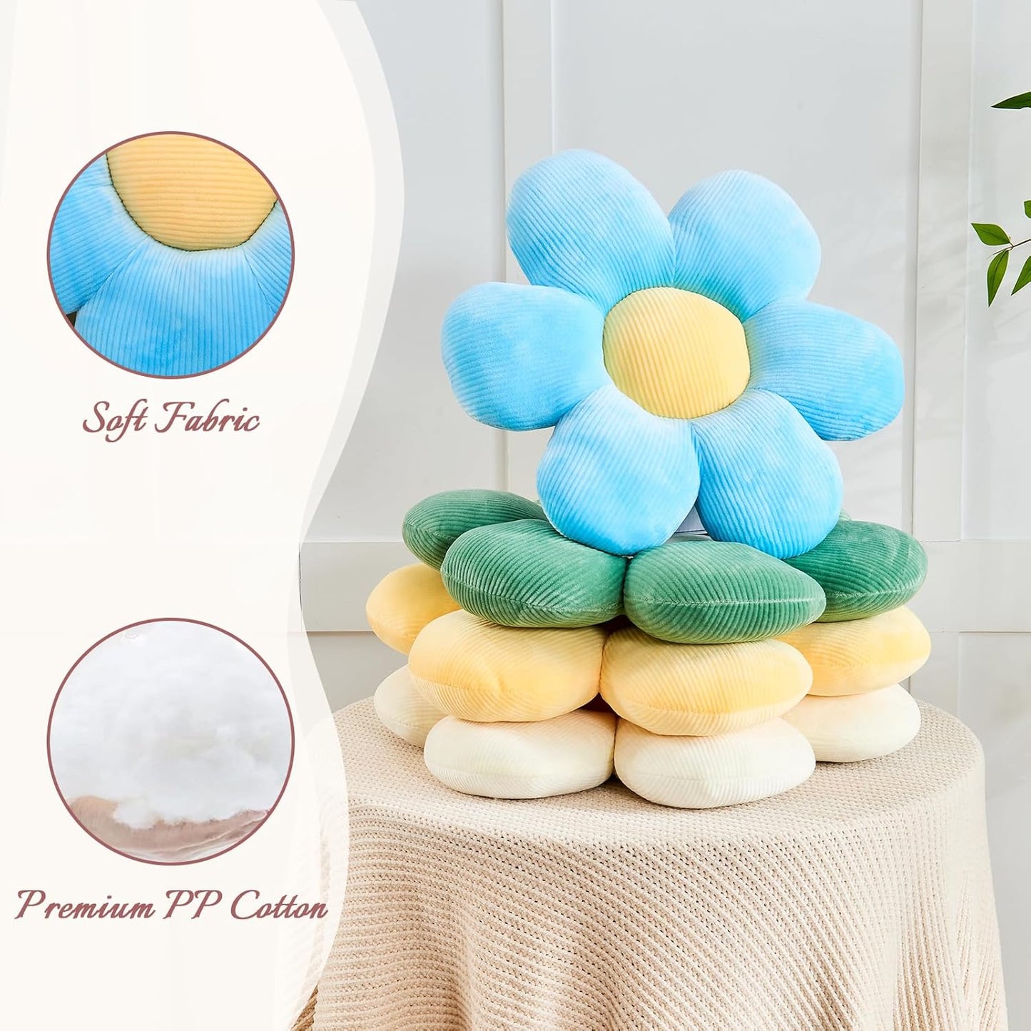 Blue Flower Pillow, 19.6" Cute Flower Shaped Floor Pillow, Aesthetic Floral Plush Daisy Decorative Throw Pillows for Bed Sofa Couch