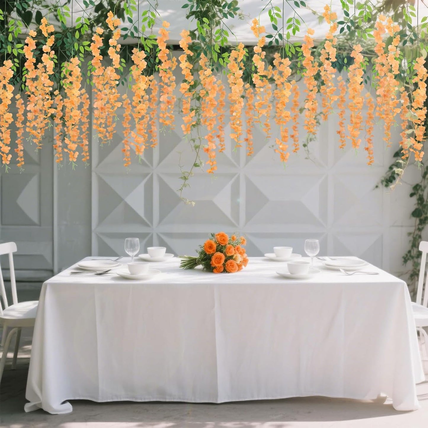 12 Pack Wisteria Hanging Artificial Fall Flowers Fake Flowers Ratta Hanging Garland Silk Flowers String for Home Garden Party Wedding Backdrop Arch Decor (Orange)