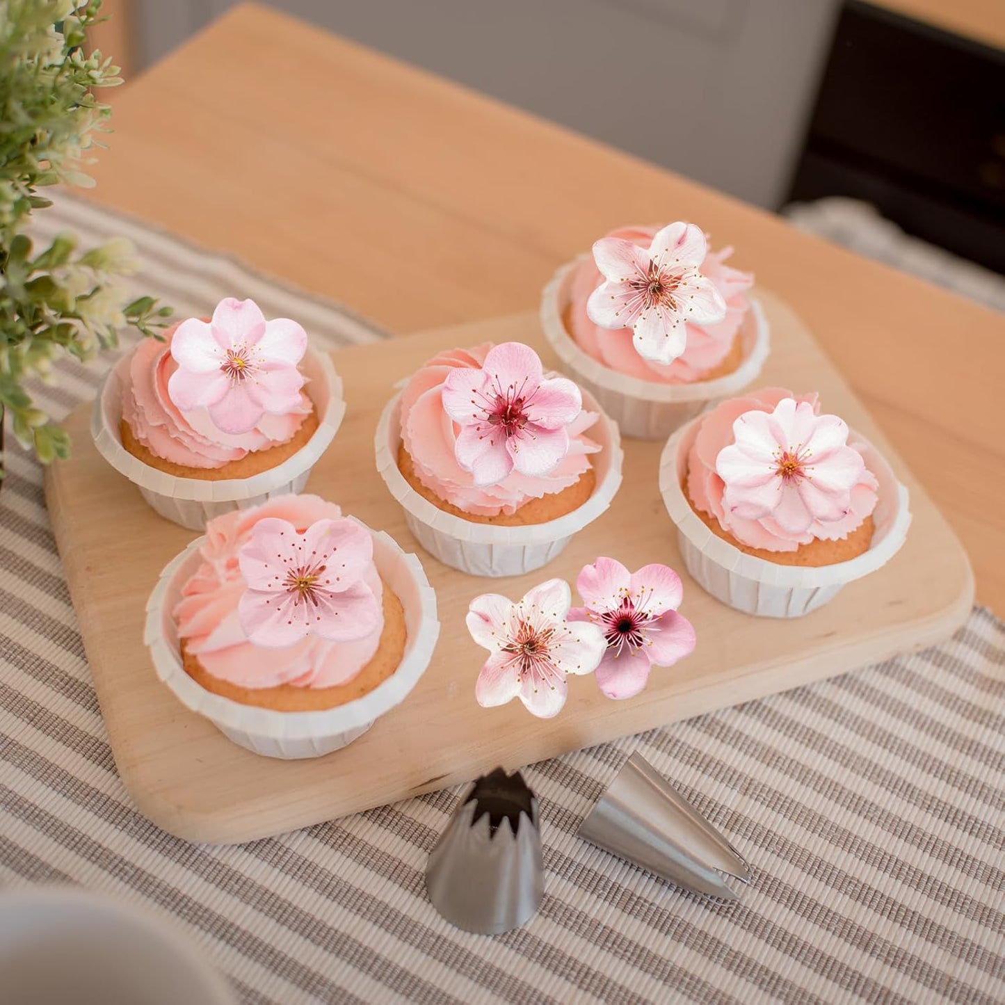 70PCS Edible Cherry Blossoms Cupcake Toppers Pink Edible Cherry Flowers Cake Decorations Wafer Paper Flowers Cupcake Topper for Flowers Theme Baby Shower Birthday Party Decor Supplies