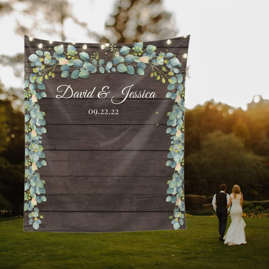 Wedding Backdrop for Reception, Rustic Wood Green Leaf Banner, Custom Tapestry with Names & Date, Personalized Calligraphy Banner Ceremony, Botanical Lights One Size