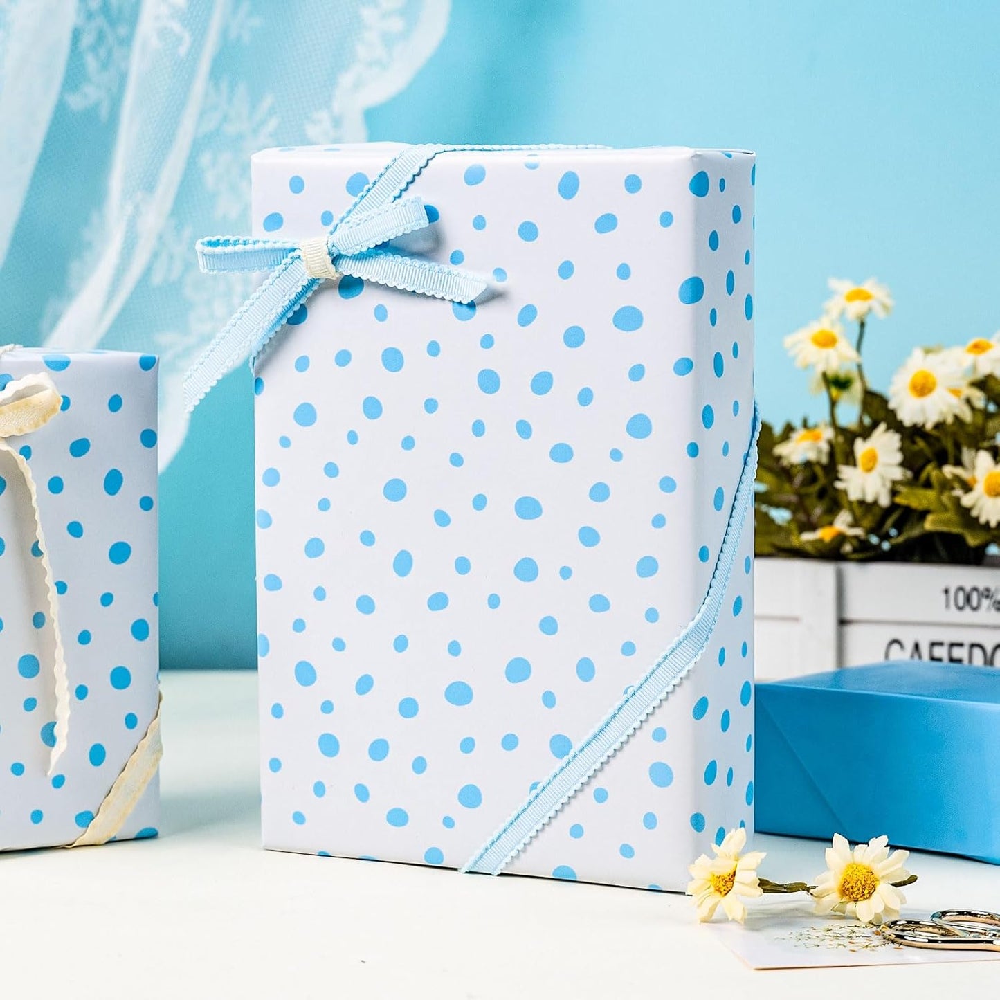 Burymento Blue Lrregular Wave Point Wrapping Paper, Reversible Gold Gift Wrap for Birthday, Valentines, Mothers day, Graduation, Wedding, Fathers day, Baby Shower, Christmas (17in x 16.4ft)