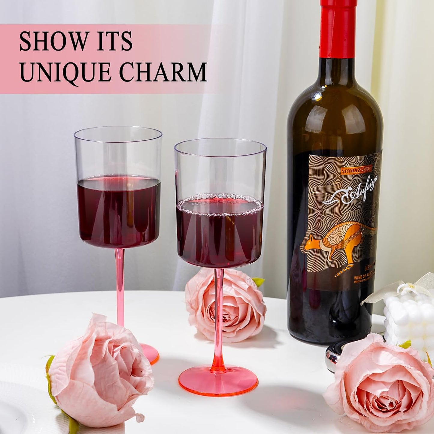 Ciaell 12 Pack 10 Oz Clear Plastic Wine Glasses with Pink Stem - Disposable Cocktail Goblets Perfect for Parties & Weddings & Poolside & Outdoors & Camping & Party