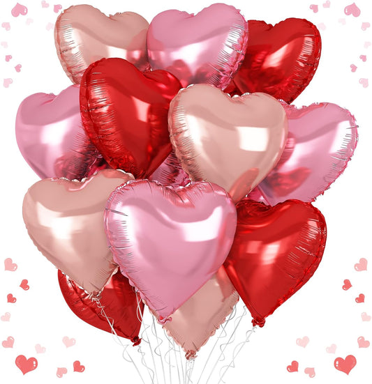 Rose Gold and Pink Heart Balloons, 18 Inch Red Pink Heart Shape Balloon, 12PCS Red Rose Gold Helium Foil Love Heart Balloon for Girls Birthday Engagement Wedding Valentine Party Decorations