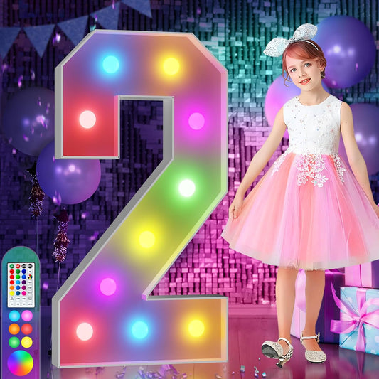 imprsv 4FT Colorful Marquee Numbers,18 Colors Number 2 with Remote, Light Up Numbers Sign for 20th Birthday Decorations Anniversary Party Decor, Pre-Cut Foam Board Kit, Mosaic Sign for Balloon