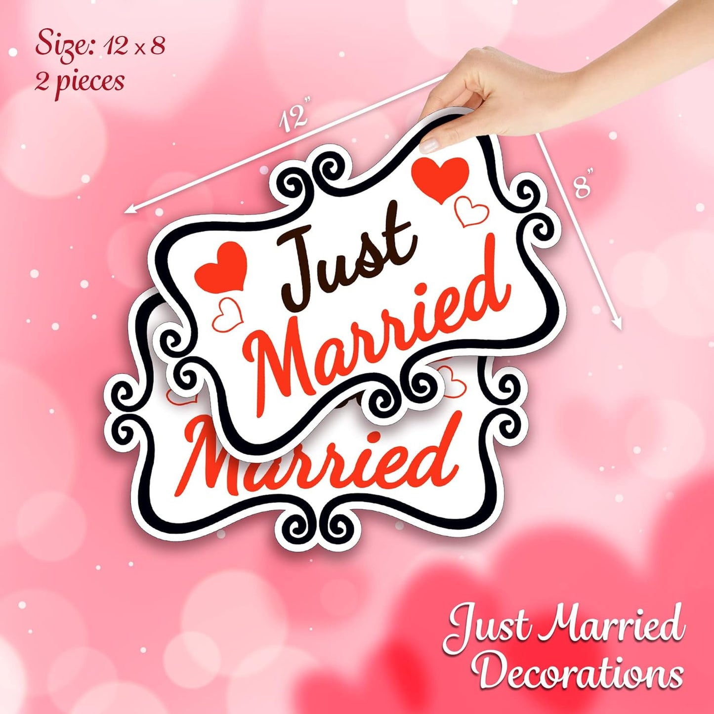Just Married Car Decorations, 12x8 Magnet Decals for Vehicles, 2 Pack Wedding Car Decor, Removable, Reusable for Tailgate, Door Panels, Refrigerator