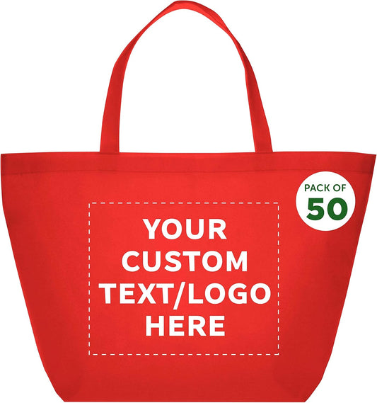 DISCOUNT PROMOS Custom Southern Style Grocery Tote Bags Set of 50 - Personalized Bulk Pack, Reusable Grocery & Shopping Bags - Great for Travel, Business Promotions, July 4th - Red - 20"X13"X8"