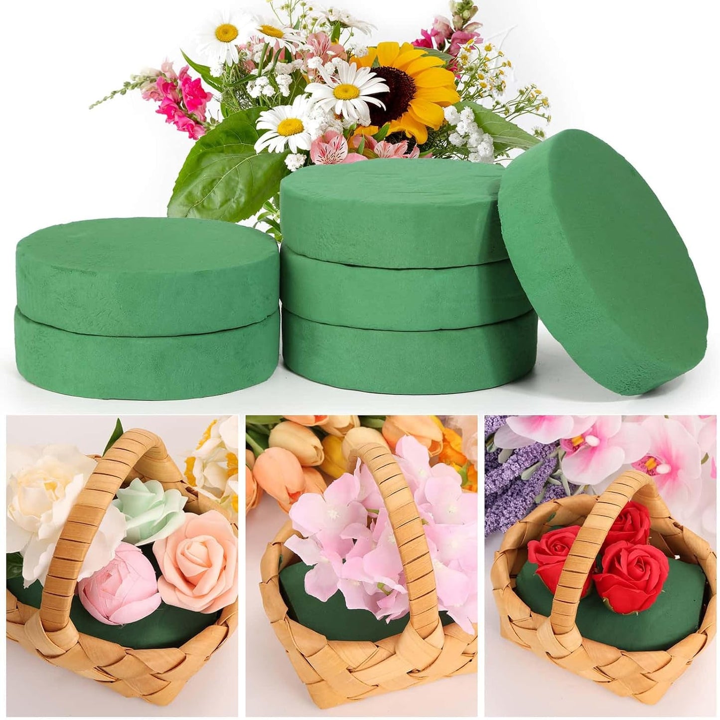 6 Pcs Round Floral Foam Blocks for Flower Arrangements (Diameter6.5”) Large Wet and Dry Green Flower Florist Foam Round for Fresh and Artificial Flowers, Plant Decorations