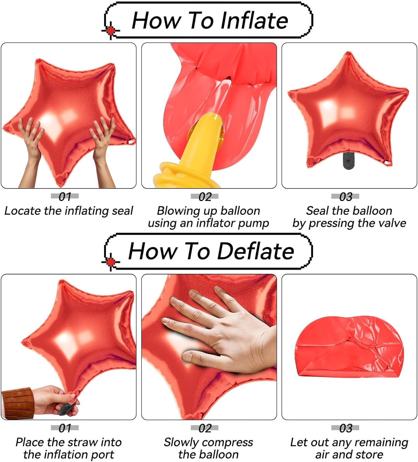 16 Pcs Red Black Star Balloons, 22/18/10 Inch Foil Balloons, Explosion Conee Four-Pointed Balloon for Kids Birthday Graduation Prom Wedding Baby Shower Casino Party Decorations