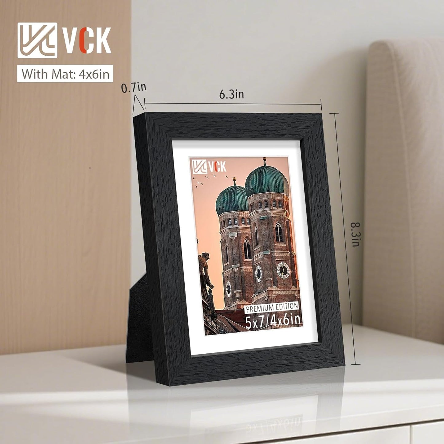 VCK 5x7 Picture Frame Set of 2 - Black, Textured Exclusive Wooden Photo Frames with HD Glass | Matted to 4x6 or 5x7 without Mat | Table Display or Wall Hanging