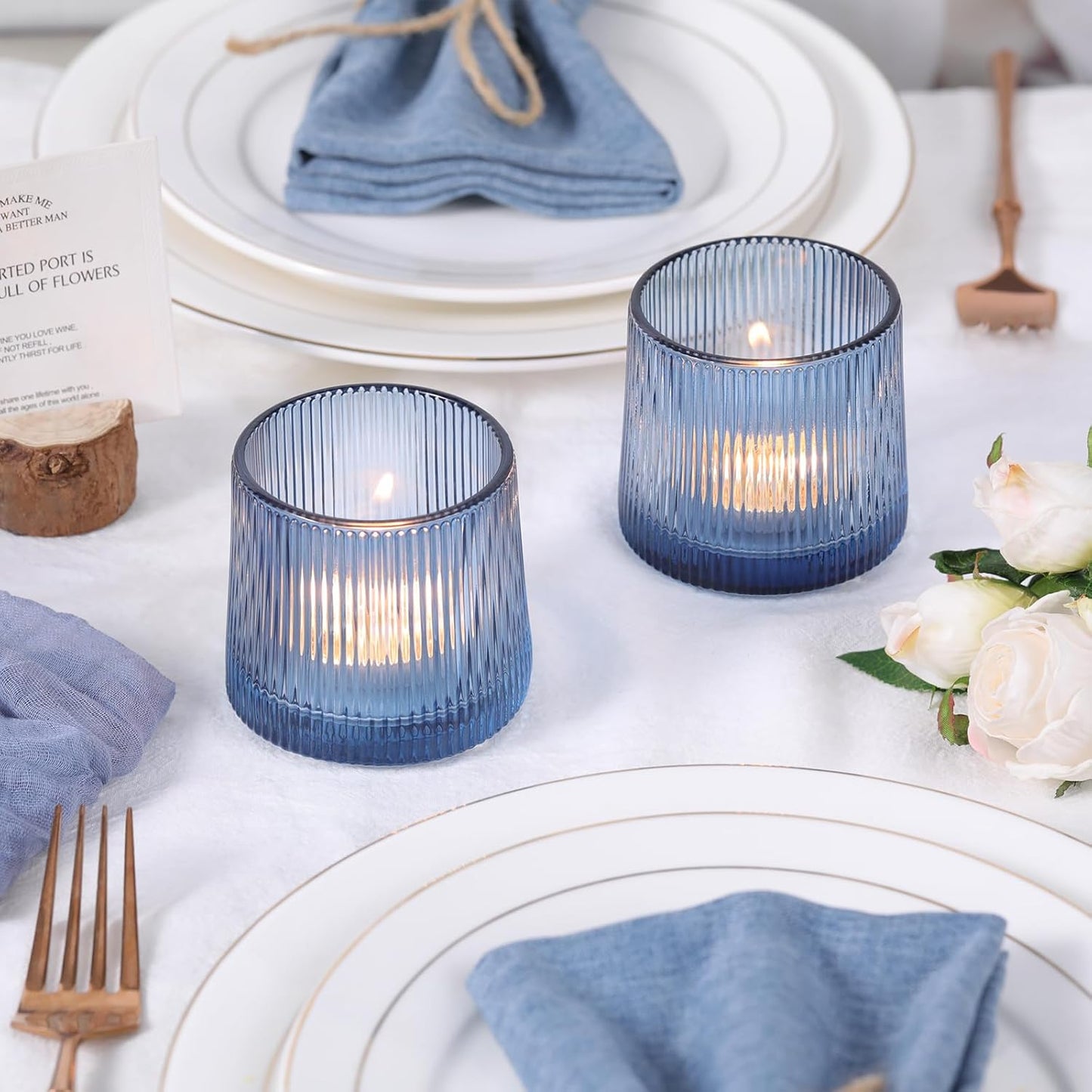 DARJEN Blue Ribbed Tealight Votive Candle Holders- 6Pack Glass Candle Holders for Table Centerpiece, Wedding Decor, Home Decor, Party Dinner