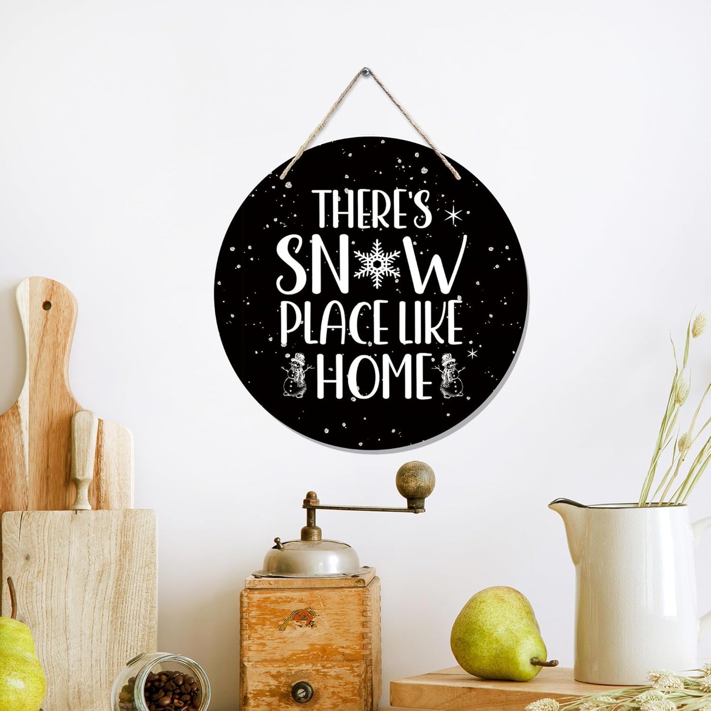 CGBHW Winter Wooden Sign, Snowy Holiday Hanging Sign Wall Decor for Room Home, Rustic Black Winter Snowflakes Christmas Door Decor 12 x 6 Inch