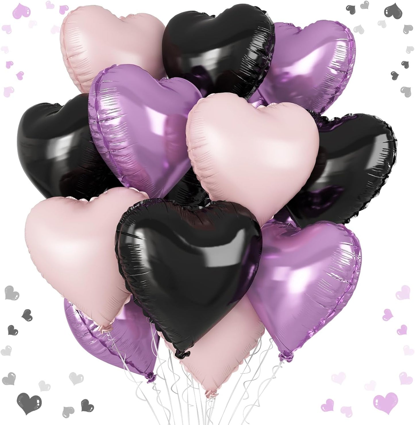 Purple Pink Black Heart Balloons, 18 Inch Baby Pink and Purple Black Heart Foil Shape Balloon, 12PCS Large Love Helium Balloons for Halloween Birthday Bridal Shower Wedding Anniversary Party Decor