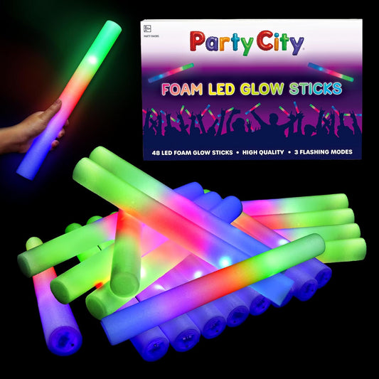 Party City 48pk LED Foam Glow Sticks 14”- Glow in the Dark Party Supplies Favors, Colorful Flashing Wand with 3 Modes, Foam Light Up Sticks Bulk Party Pack for Wedding, Birthday, Concert, Halloween