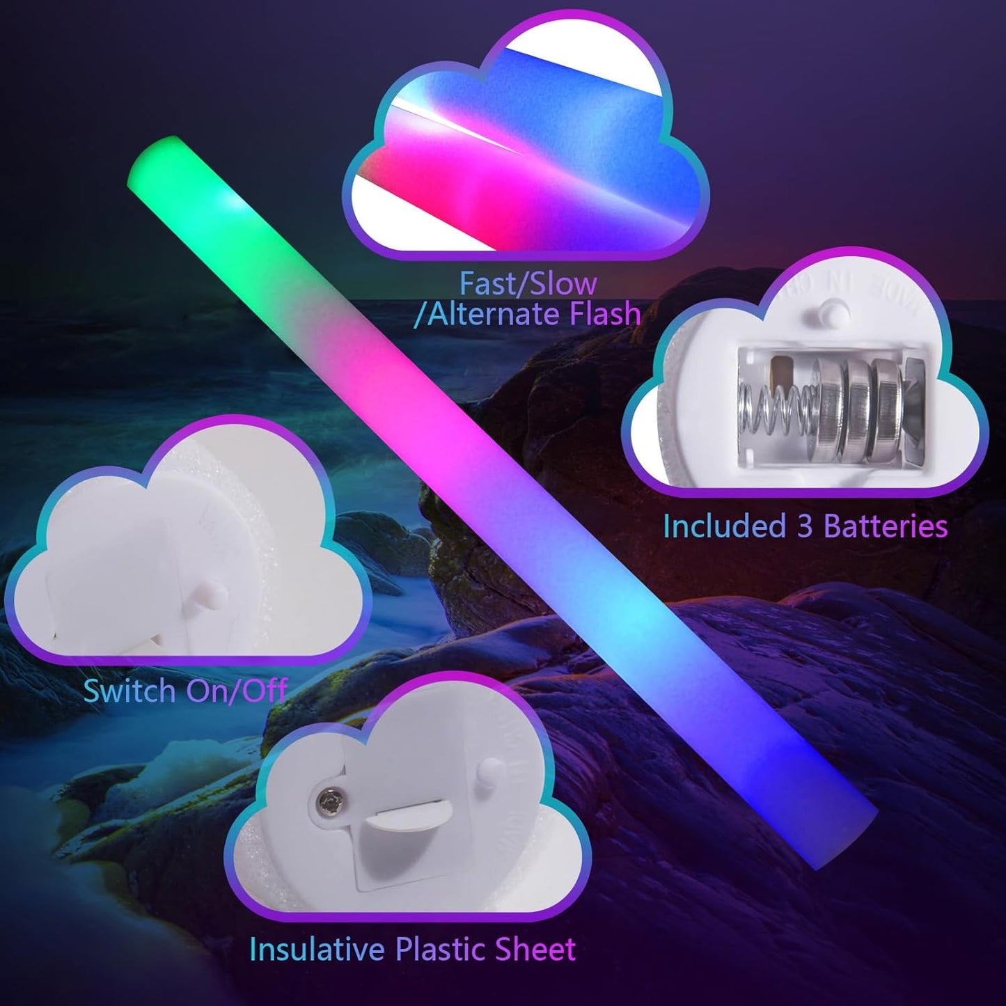 225 Foam Glow Sticks, Foam Light Up Sticks Party Supplies with 3 Mode Colorful Flashing, Glow Sticks Bulk Party Pack, Led Foam Sticks for Birthday, Wedding, Halloween, Carnival, Concert